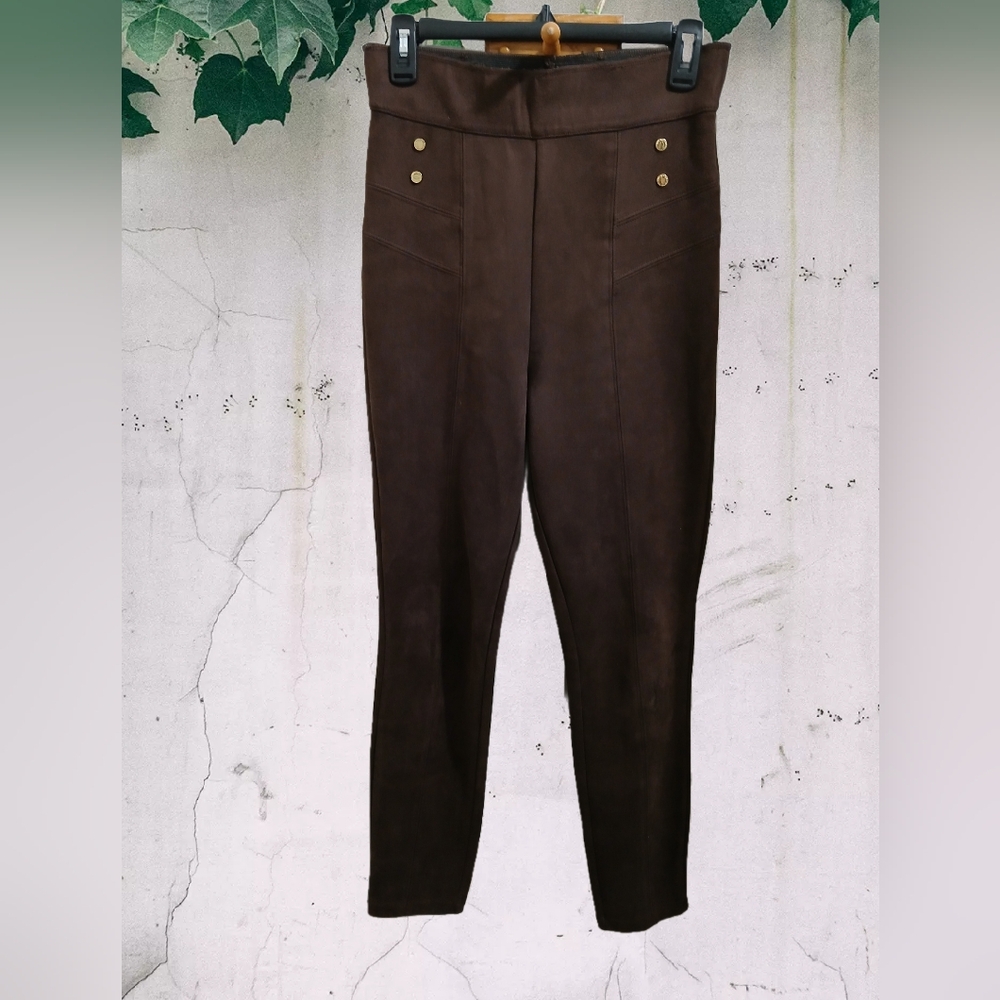 Marc New York- Chocolate Brown Faux Suede Ankle Pants W/ Gold Button Accents